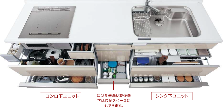 深型食器洗い乾燥機下は収納スペースにもできます。